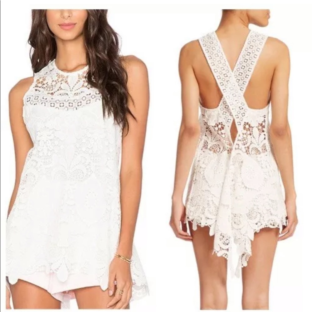 ALEXIS *Ji* white lace crochet strappy open back boho tunic top S